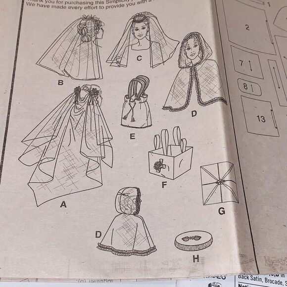 Simplicity Pattern 2610 Bridal Veil Accessories Capelet Ring Pillow Bag One Size - Picture 5 of 9